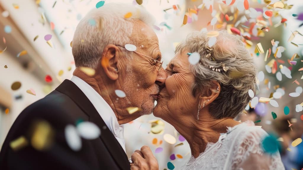 couple, wedding, celebration, love, elderly, seniors, family, smile, old, happiness, mature, retired, kiss