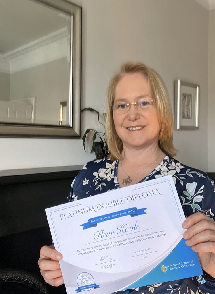 Fleur holding Platinum Double Diploma in Funeral, Couples and Naming Ceremonies