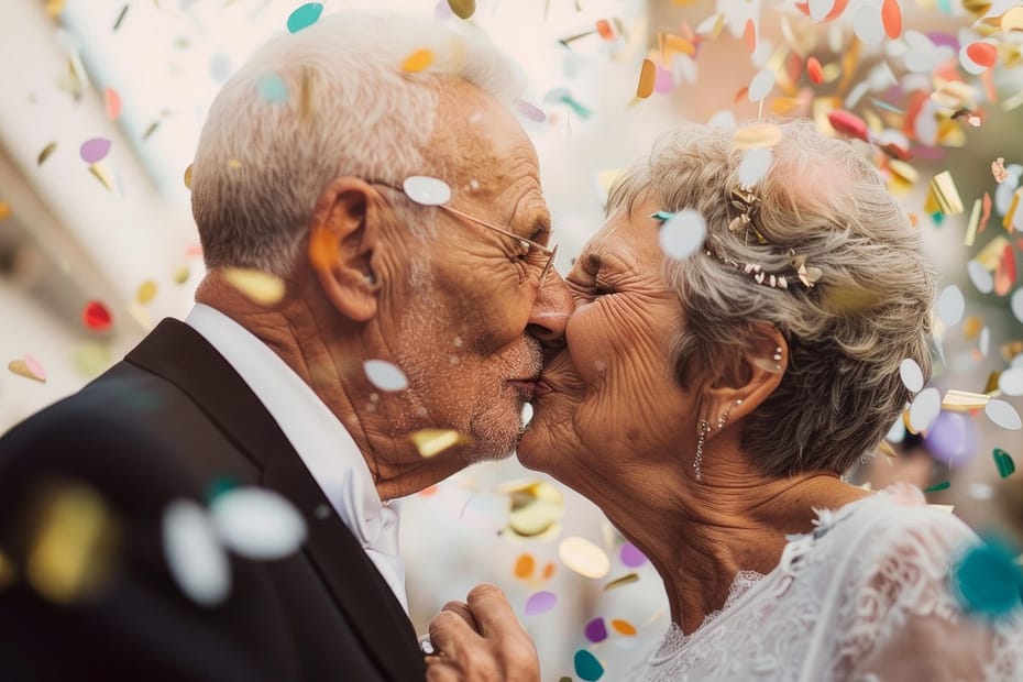 couple, wedding, celebration, love, elderly, seniors, family, smile, old, happiness, mature, retired, kiss